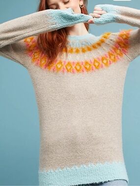 Anthropologie Sleeping on Snow Fair Isle Tunic Sweater beige orange yellow blue